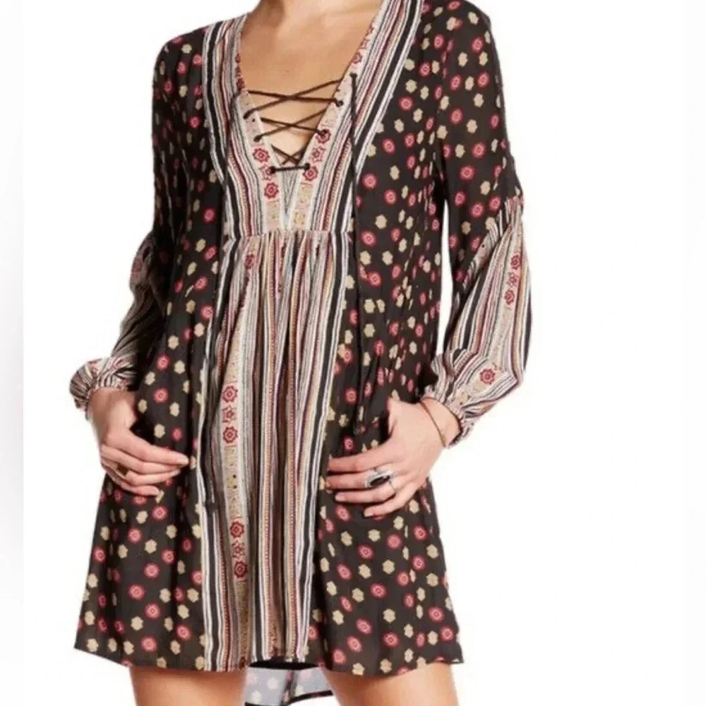 Free People Rain or Shine Pebble Bohemian Lace-Up Tunic Mini Dress Women Sz XS